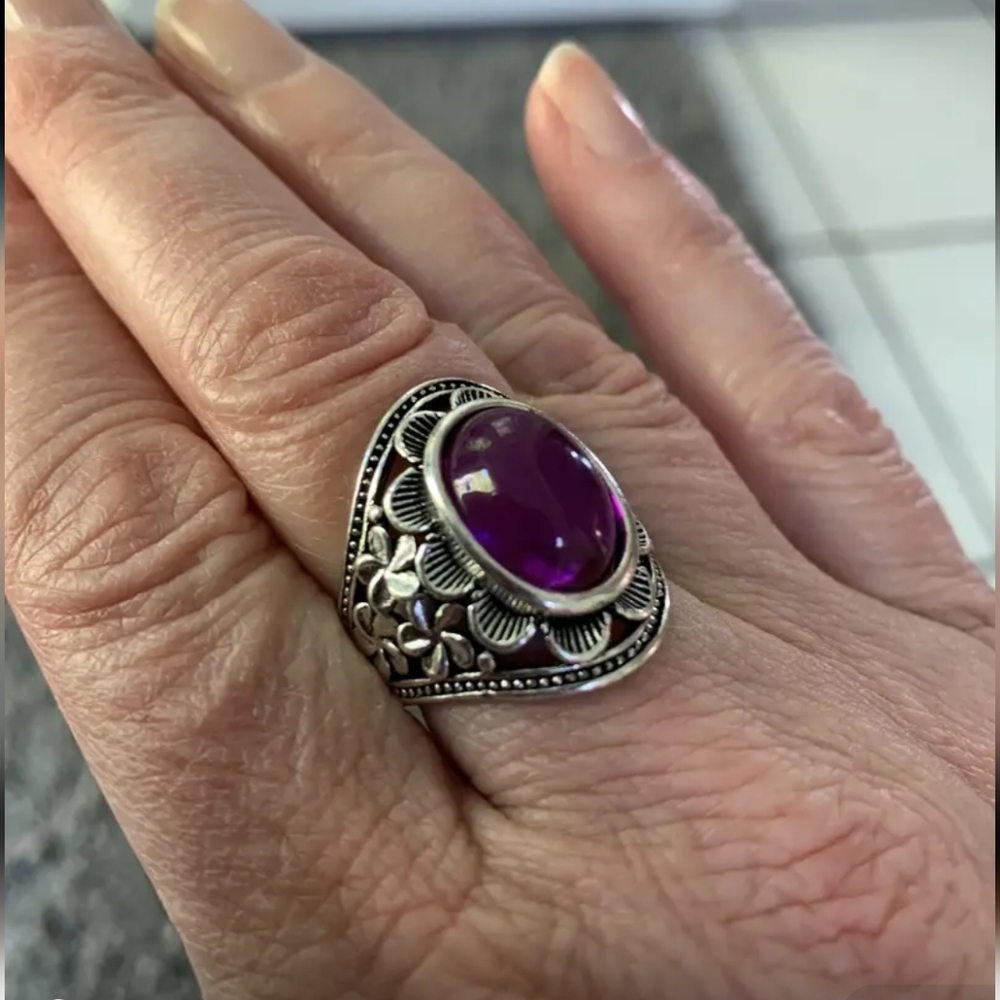 Silver plated purple amethyst color plumeria ring size 6 to 13 available